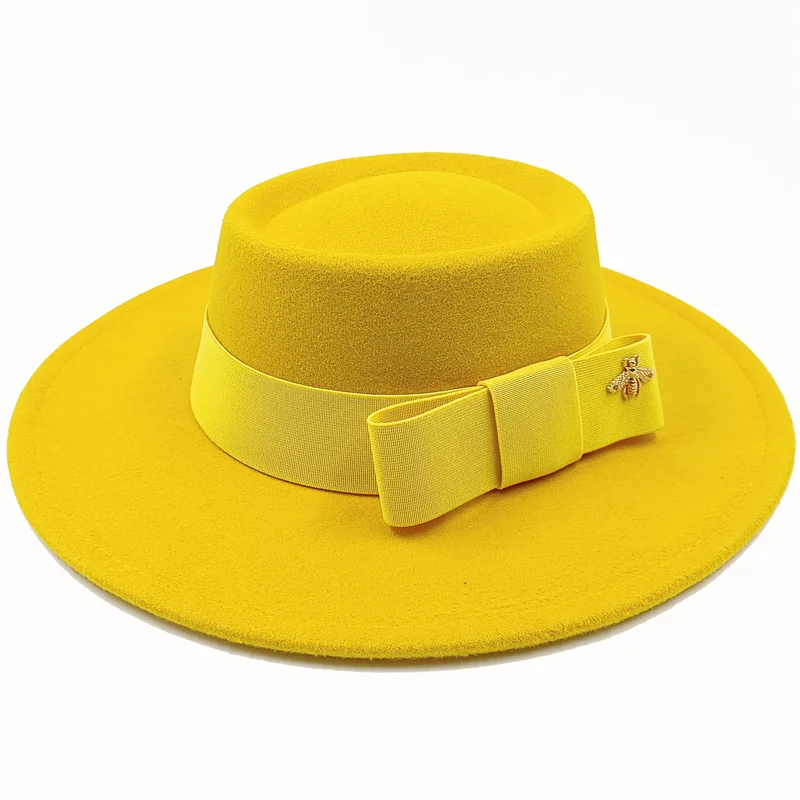 Bow Tie Fedora Hat Winter Round Bumpy Surface Flat Top