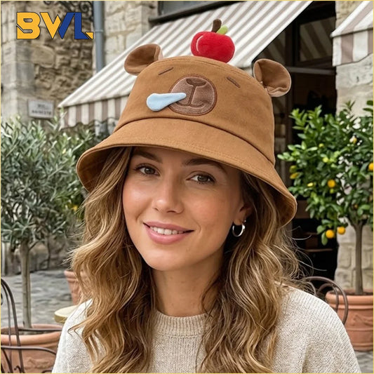 Cute Capybara Apple Bucket Hat For Women Cartoon Fisherman Hat