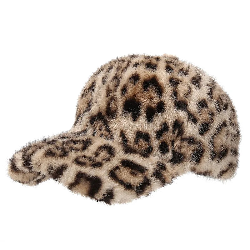 Leopard Print Baseball Cap Women Plush Faux Fur Keep Warm Winter