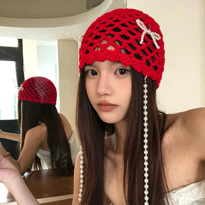 Pearl Bow Pendant Hollow Handmade Knitted Pullover Hat Street Korean