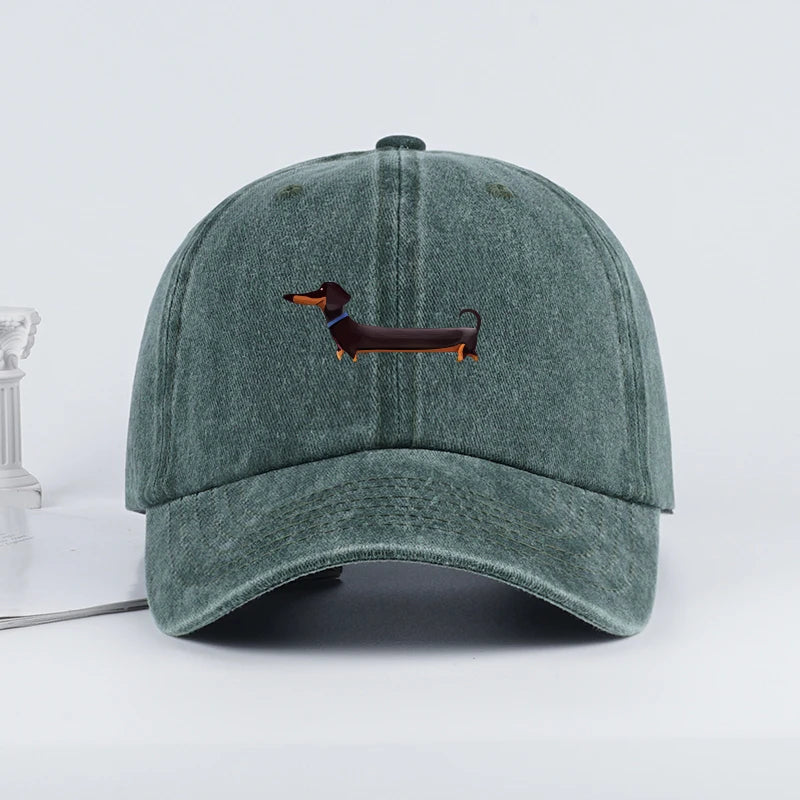 Dachshund Print Washed Baseball Cap Adorable Retro Dog Themed Style Perfect For Outdoor Walks