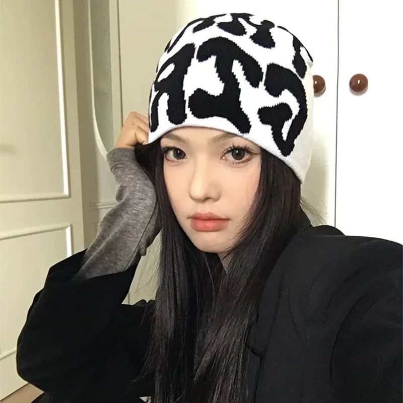Korean Letter Color Block Knitted Hats Versatile Retro Fashion Casual Beanies
