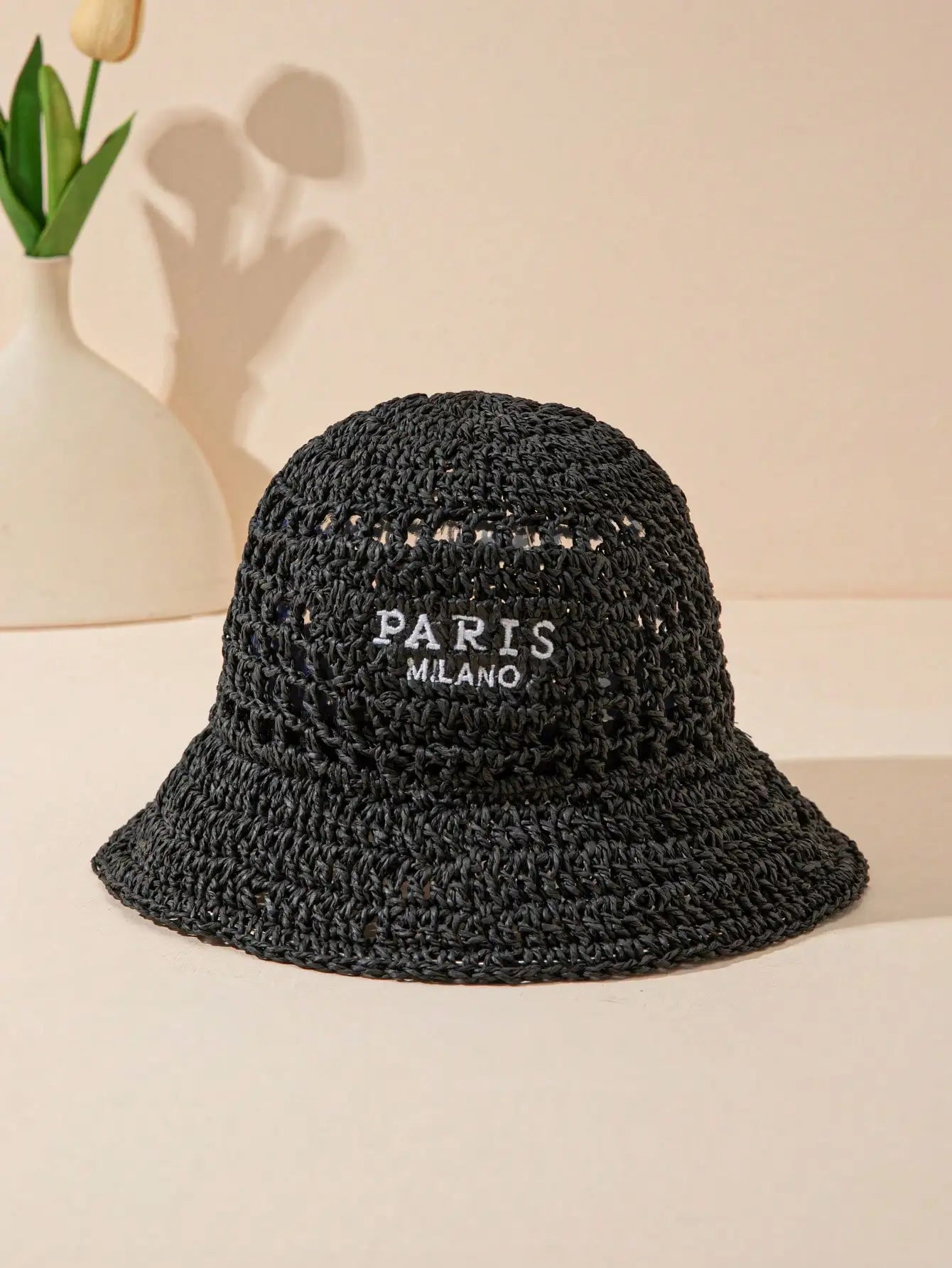 Inverted Triangle Letter Embroidery Handmade Crocheted Straw Hat