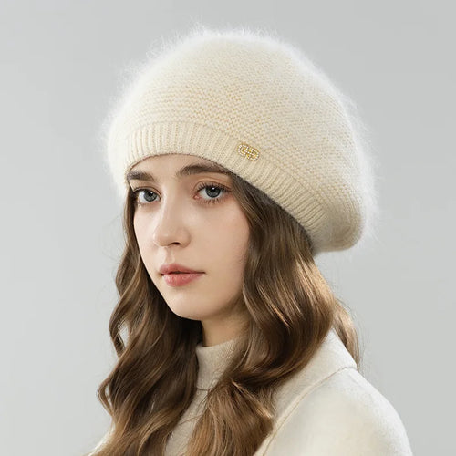 Beret Women Winter Angora Knit Hat Double Layers Casual