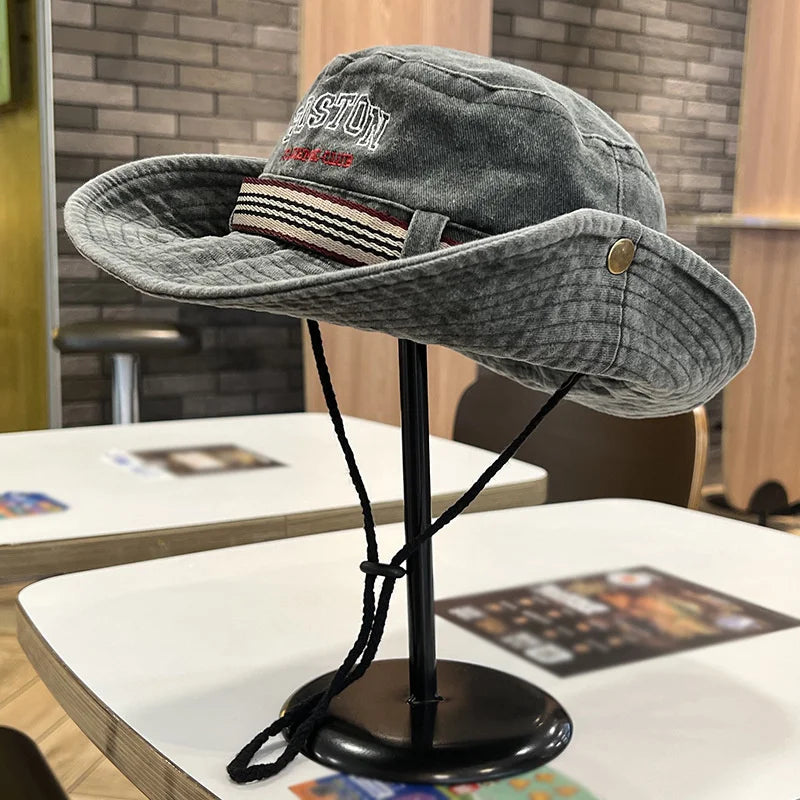 Summer Men Bucket Hat Outdoor WQashed Cotton Wide Brim Panama Safari Hunting Hiking Hat