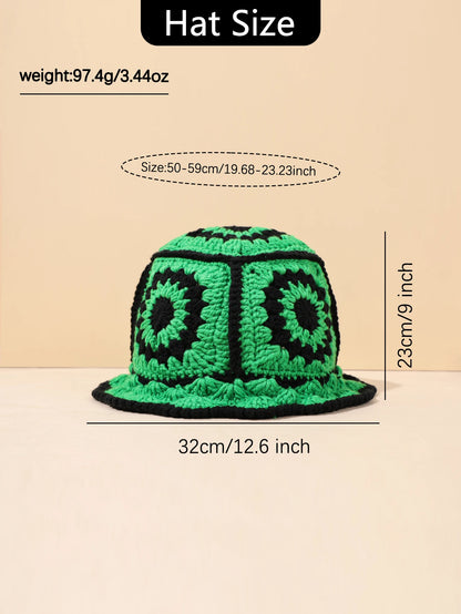 1PC Handmade Crochet Vintage Bucket Hat - Geometric Patch Super Soft and Warm