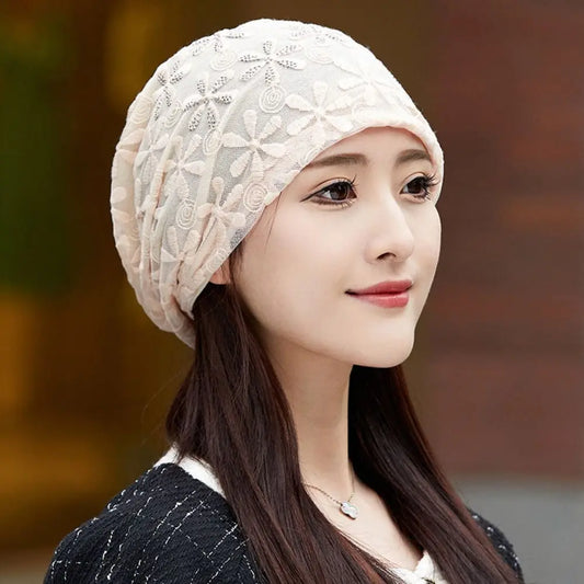 Autumn Lace Flower Beanies Cap Breathable Elegant Thin Crochet Slouchy Hat