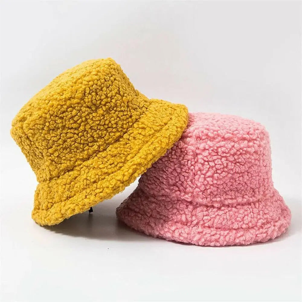 Winter Lamb Wool Soft Warm Bucket Hat Sun Cap Panama Hat Fisherman Cap