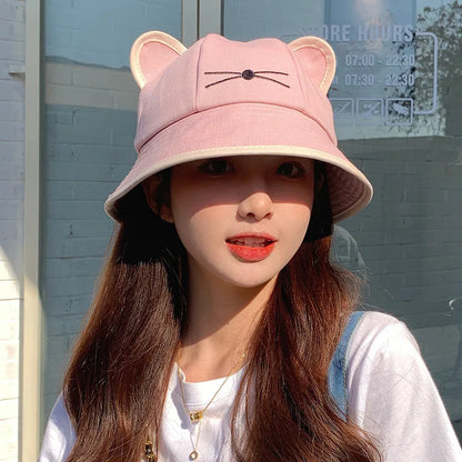 Korean Cartoon Cat Ears Women Bucket Hat