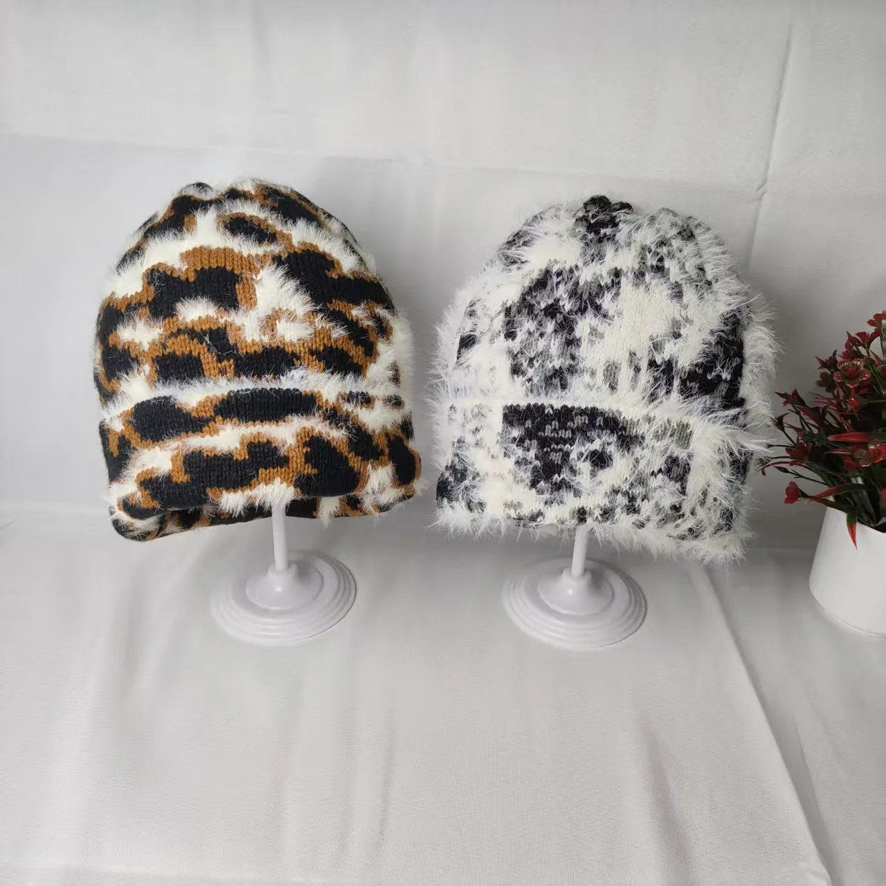 Winter Fur Leopard Print Beanie Hat Women's Outdoor