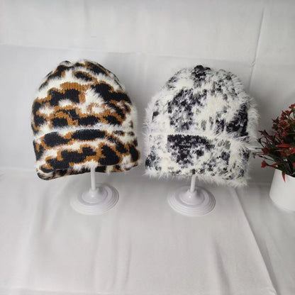 Winter Fur Leopard Print Beanie Hat Women's Outdoor