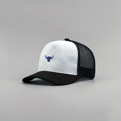 Blue Bull Head Print Unisex Mesh Suede Trucker Hat Spring Summer