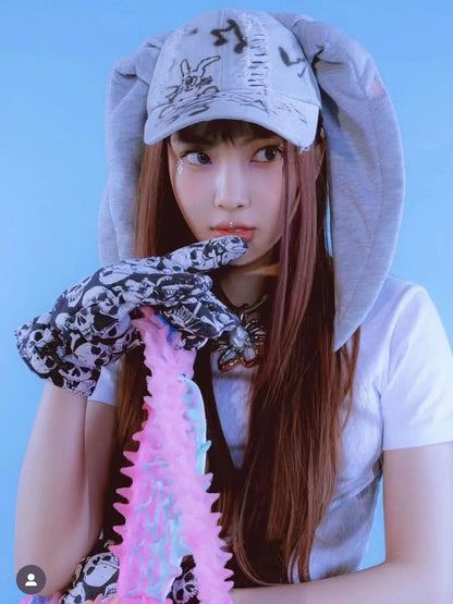 New MinJi Haerin Omg Stage Long Rabbit Ear Hat Y2k Style Denim Blue Baseball Cap