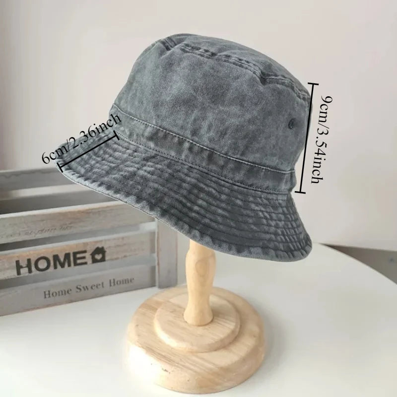 Korean Big Head Washed Denim Bucket Hats Men Cotton Sun Hat