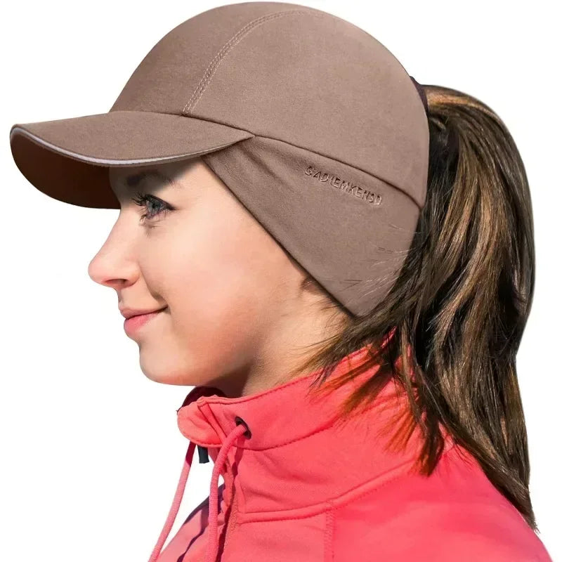 Women's Winter Reflective Fleece Ponytail Hat with Drop Down Ear Warmer Hat Baseball Cap