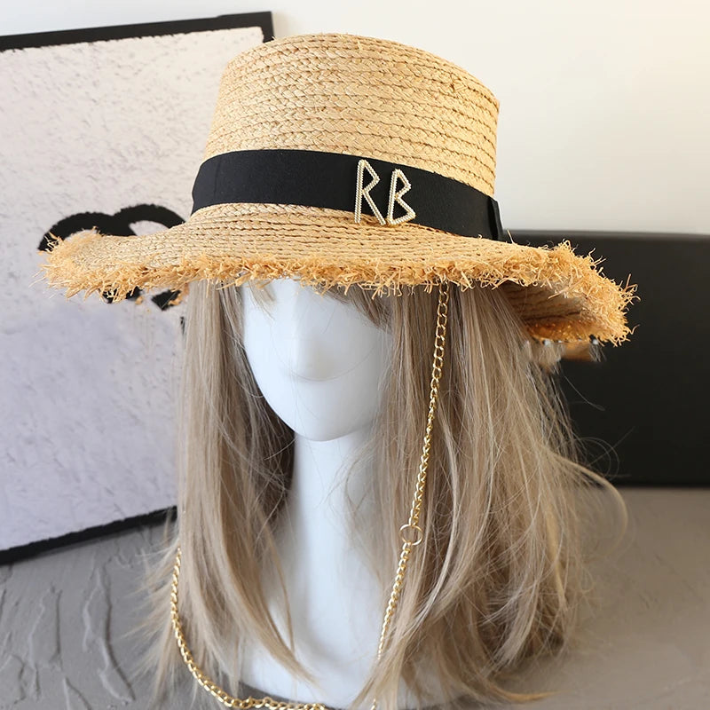 Designer Raffia Straw Hat With Chain Letter Women Summer Bikini Beach Sun Hat