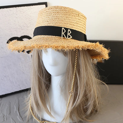 Designer Raffia Straw Hat With Chain Letter Women Summer Bikini Beach Sun Hat