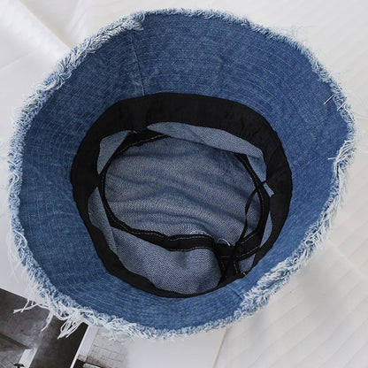 Women Men Vintage Bucket Hats Denim Raw Hem Ripped Sun Hat