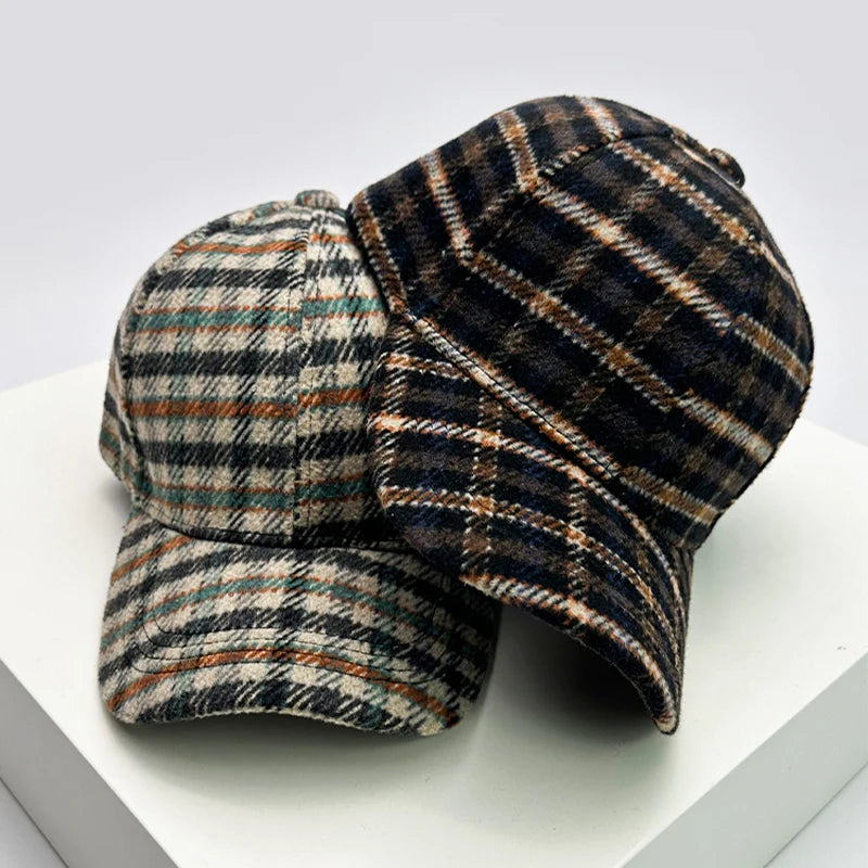 Men Women Woolen Cloth Stripe Check Baseball Caps