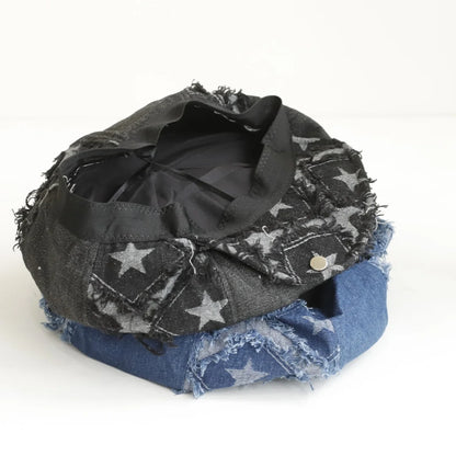Y2k Rough Edge Star Design Denim Berets Caps