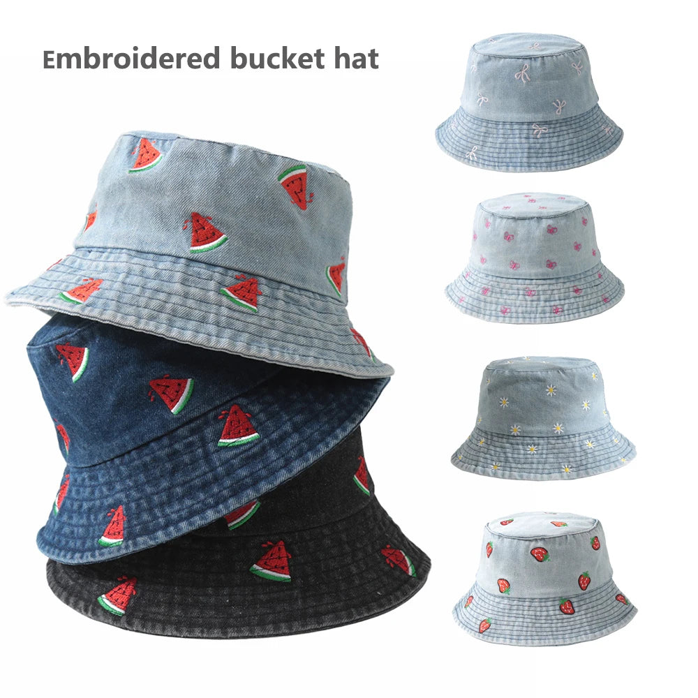 Emboridery Denim Bucket Hat Summer Travel Beach Sun Hats  for Women Men