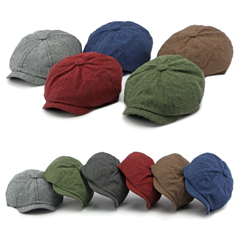Twill Flat Cap For Men Women Herringbone Newsboy Caps British Style Octagonal Hat