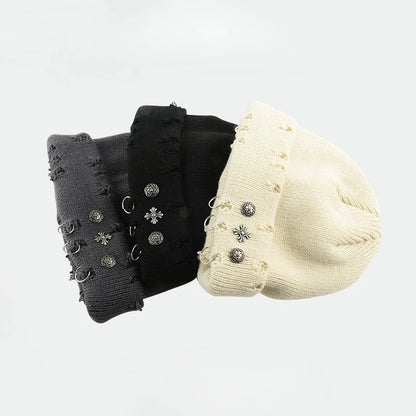 Street Hip-Hop Retro Cross Ring Perforated Woolen Hat For Women