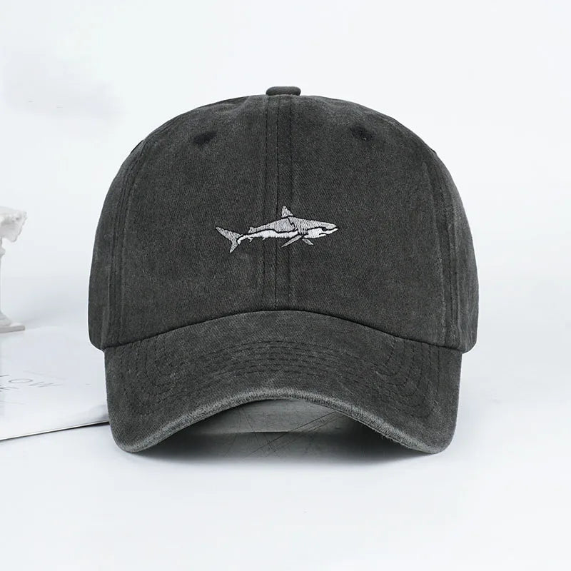 MLFO Shark Embroidered Pre Washed Baseball Cap Summer Wide Brim Cap Spring Casual Cap Outdoor Sun Hat