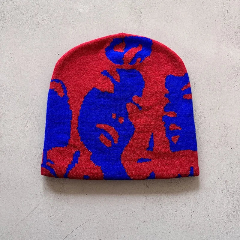 Face Pattern Intarsia Beanie Hats, Winter Casual Windproof Elastic Skull Cap