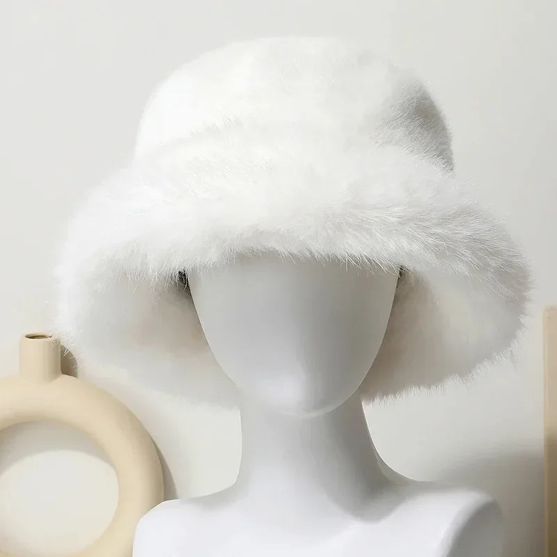 Bright Yellow Imitation Mink Fur Bucket Hat Women's Panama Style Korean New