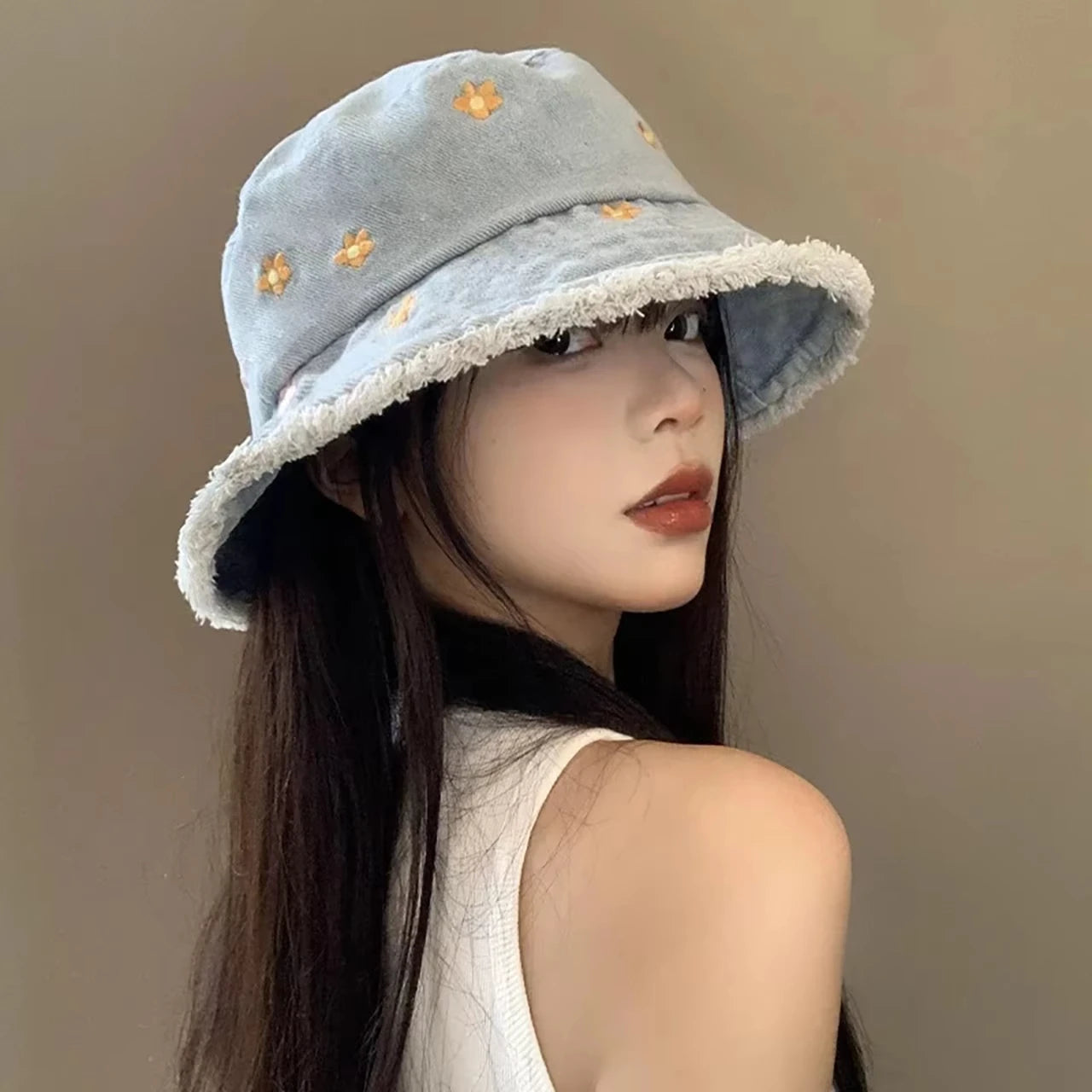 Sweet Floral Embroidered Denim Bucket Hat
