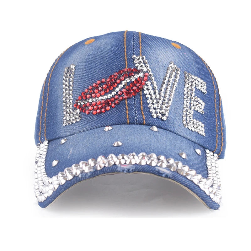 New Women Washed Denim Rhinestone Crown Baseball Cap