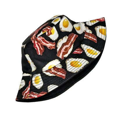 Cartoon Pattern Bucket Hat Eggs Bacon Printing Fisherman Hats Foods Double Sides