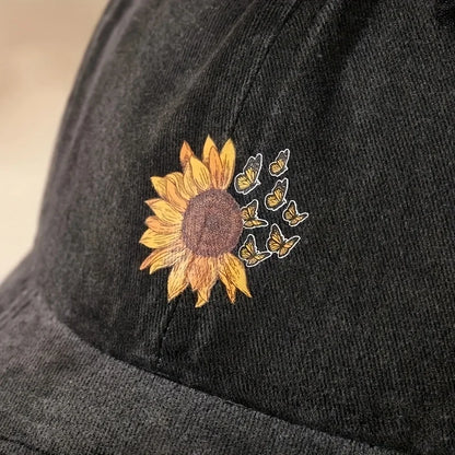 Sunflower Printed Baseball Cap with Retro Washed  for Both Men and Women
