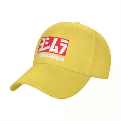 Yoshimura Motorcycle Racing Black Baseball Hat with Bold Red & White Logo, Perfect for Sports Fans