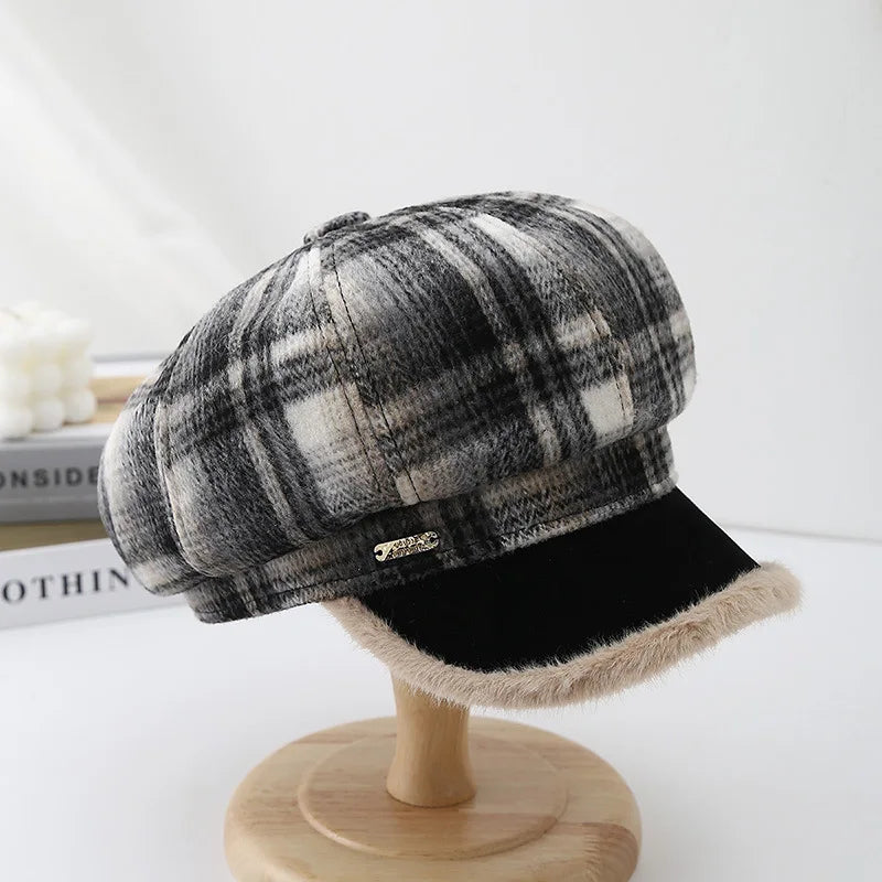 Vintage Plaid Octagonal Beret Women Autumn Winter Hats