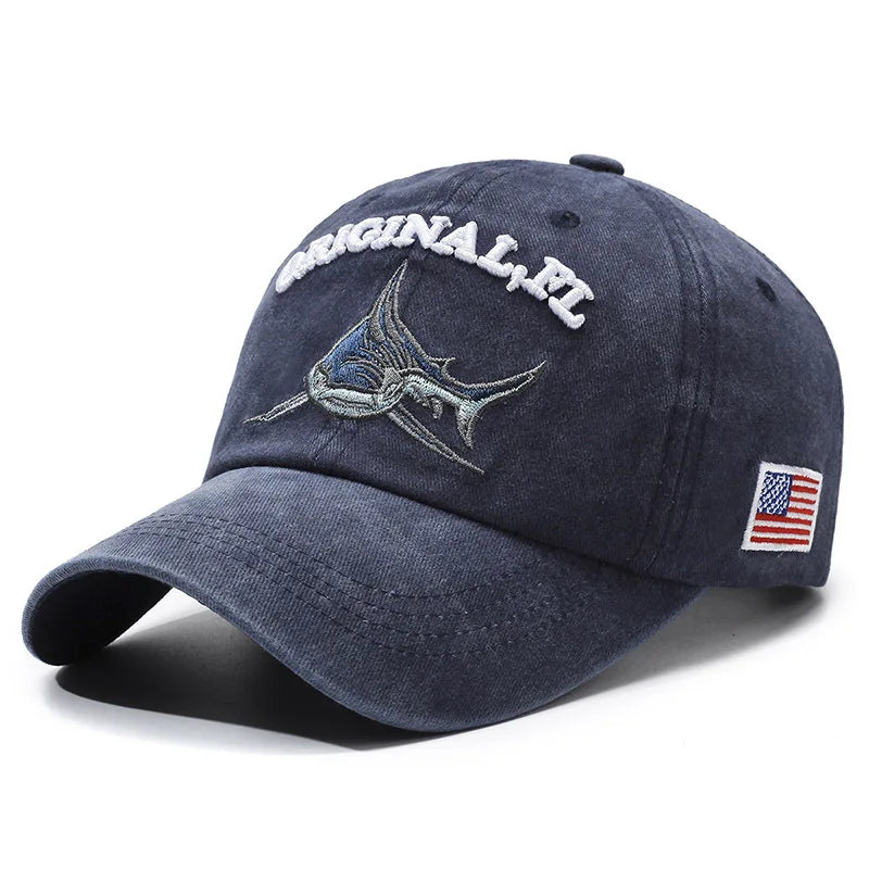 Embroidery Washed Cotton Shark Men Vintage Baseball Cap