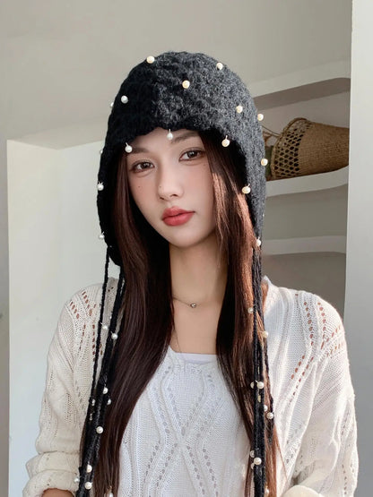 Autumn/Winter New Ethnic Style Hollow Pearl Pendant Baotou Hat
