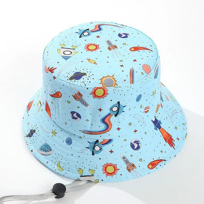 Kids Summer Sun Protection Cap Spaceship Planet Print Bucket Hat