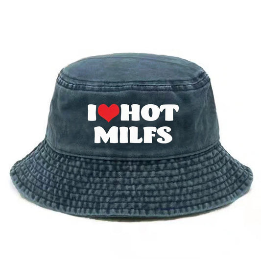 I Hot Love Milfs Bucket Hat Distressed Hats Cap Washed Men Retro