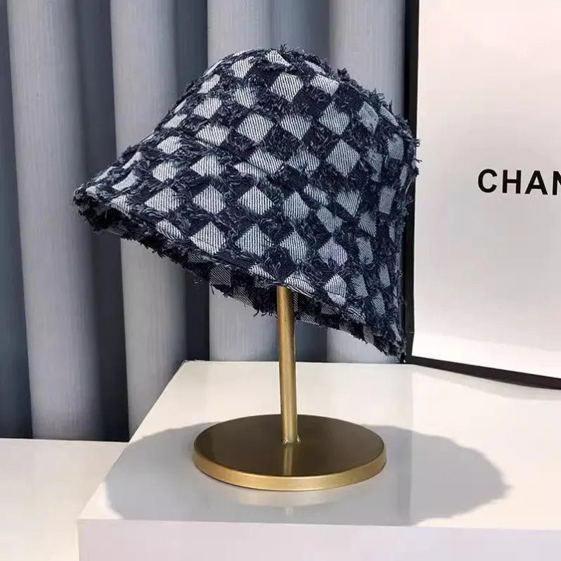 New Korean Style Denim Blue Plaid Bucket Hat