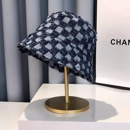 New Korean Style Denim Blue Plaid Bucket Hat