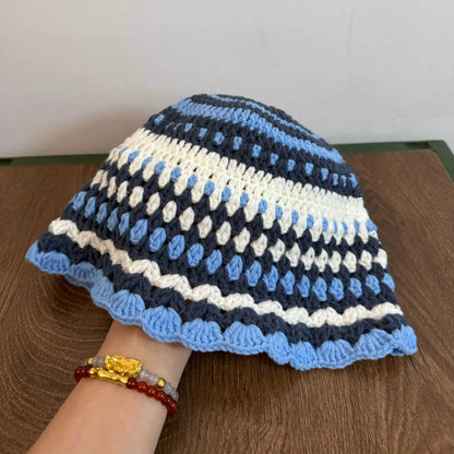Vintage Handmade Crochet Contrast Striped Knitted Bucket Hat