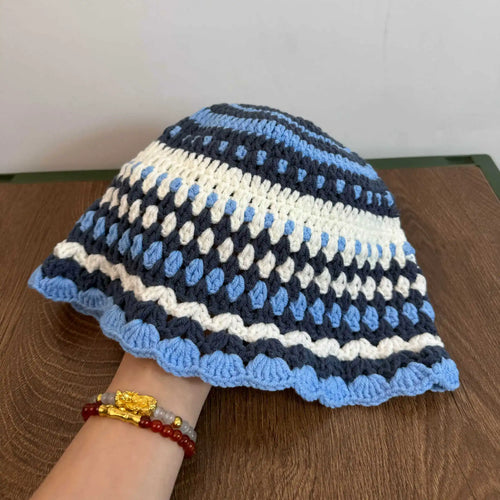Vintage Handmade Crochet Contrast Striped Knitted Bucket Hat