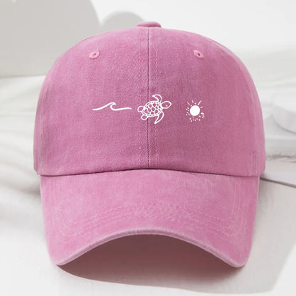 Wave Turtle Sun Printed Baseball Cap, Retro Style For Men And Women