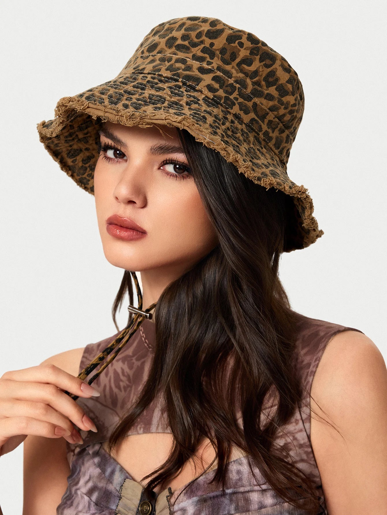 Retro Washed Rough Edge Leopard Women Drawstring Bucket Hat