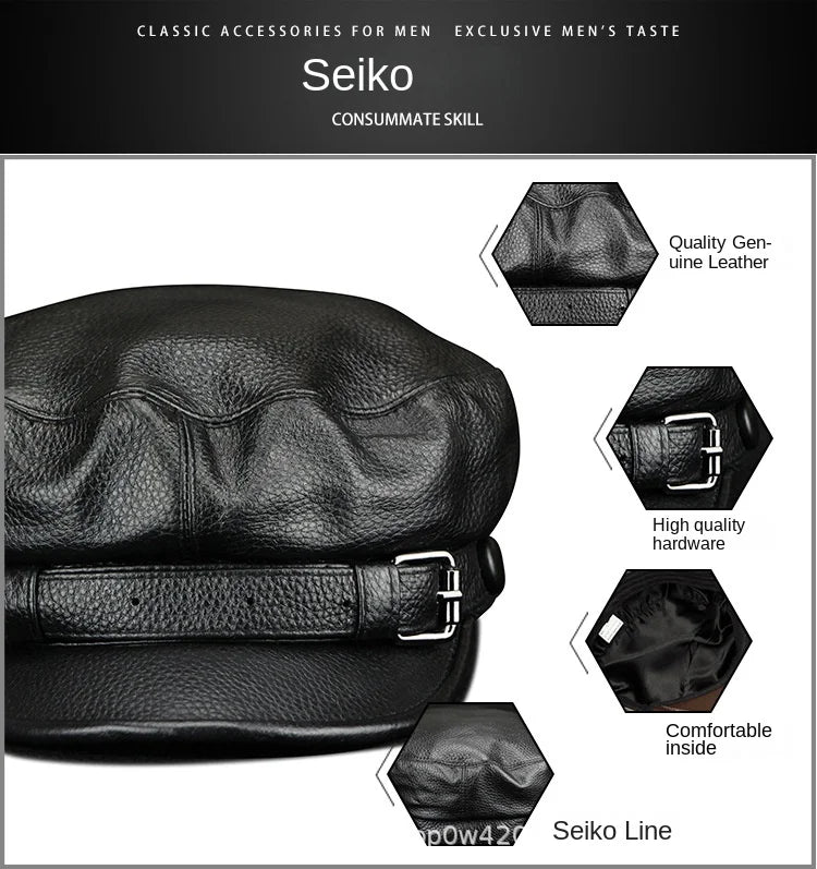 Men Genuine Leather Real Cowhide Beret Newsboy Hat Baseball Cap Classic Autumn Spring Winter
