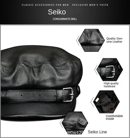 Men Genuine Leather Real Cowhide Beret Newsboy Hat Baseball Cap Classic Autumn Spring Winter