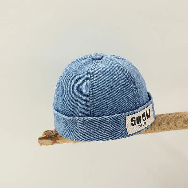 Washed Denim Baby Brimless Hat Retro Letter Embroidered Melon Cap For Kids