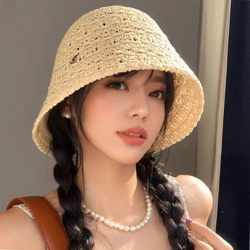 Fashion Summer Straw Sun Hat Wide Brim Hollow Straw Bucket Hat
